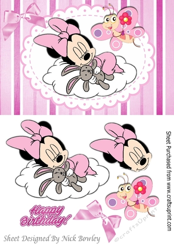 Cute sleepy baby mouse on a cloud  with pink bow A5
