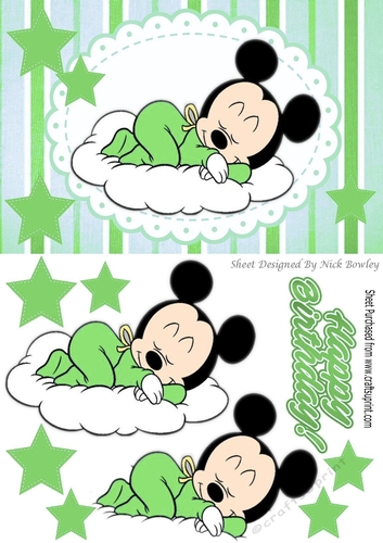 Cute sleepy baby mouse on a cloud  with green stars A5