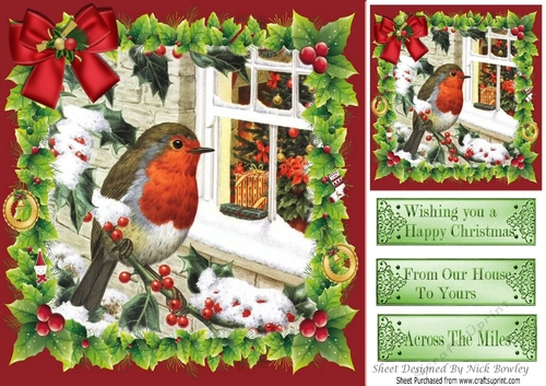 lovely robin in the snow in  christmas holly frame with bow 8X8