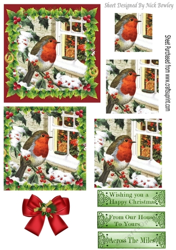 lovely robin in the snow in  christmas holly frame with bow pyramids