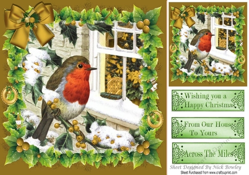 lovely robin in the snow in  christmas holly frame with gold bow 8X8