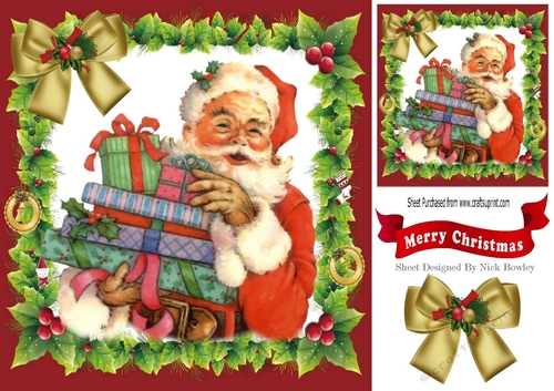 happy santa with presents in holly frame 8x8