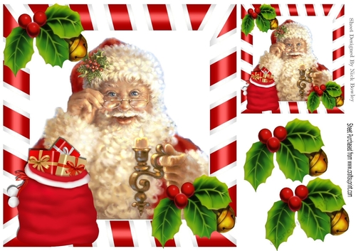santa with presents in christmas red stripe 8x8 frame with holly