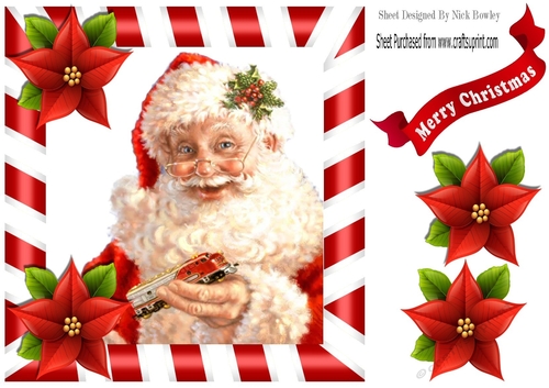 santa with toy train and poinsettias 8x8 