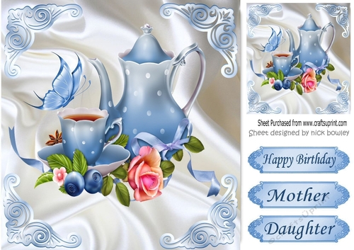 pretty blue teapot with butterflies and roses on satin 8x8
