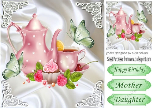 pretty pink teapot with butterflies roses, & cupcakes on satin 8x8