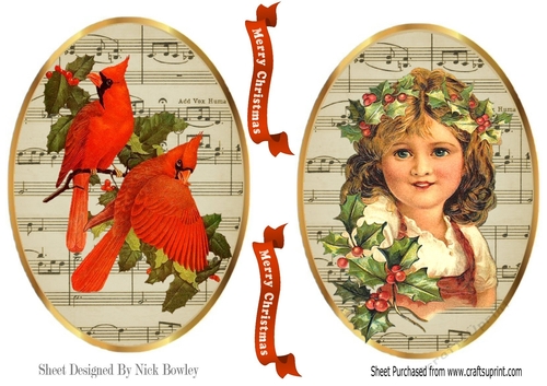 two lovely vintage card front/toppers of cardinal birds &  vintage girl