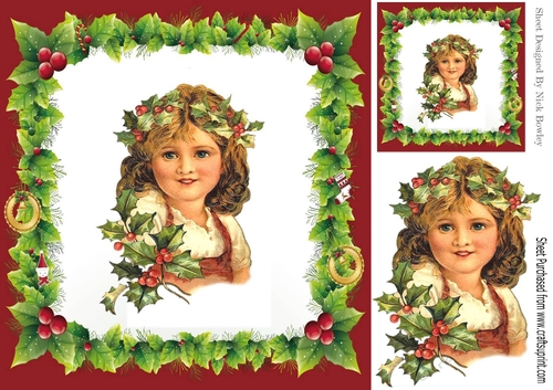 pretty vintage girl in christmas holly frame 8x8