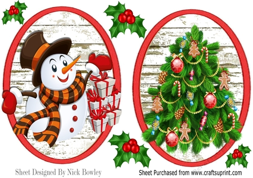 two lovely toppers/card fronts of jolly snowman/tree (red)