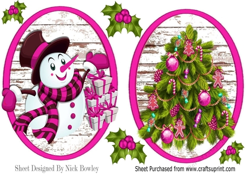 two lovely toppers/card fronts of jolly snowman/tree (pink)