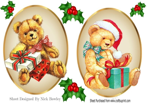 two lovely vintage teddies with presents topper/card fronts