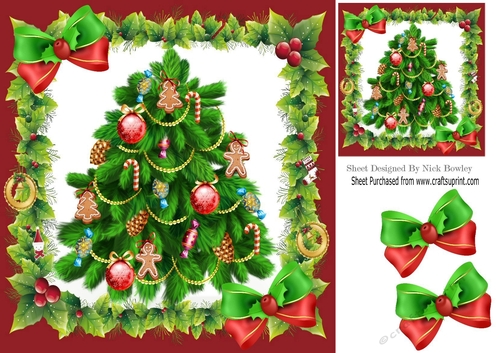 Lovely christmas tree with baubles in holly frame/bows 8x8