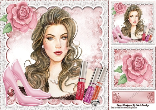 pretty lady, pink shoes, rose & lip glosses 8x8