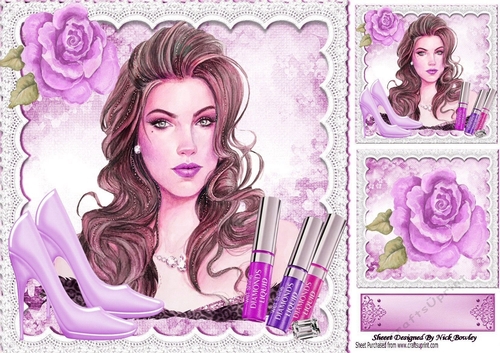 pretty lady, lilac shoes, rose & lip glosses 8x8