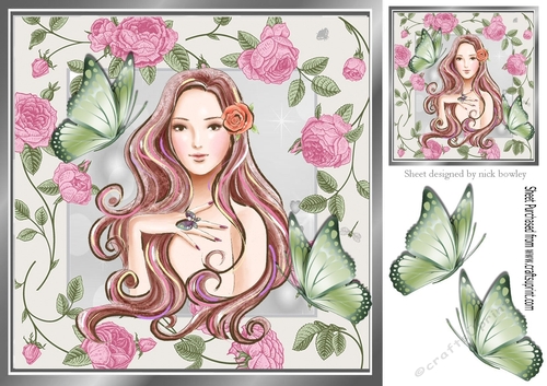 pretty lady in cascading pink rose frame with butterflies 8x8