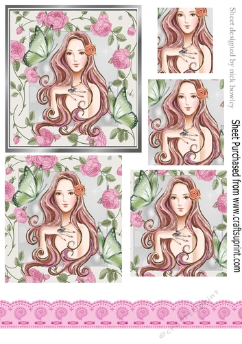 pretty lady in cascading pink rose frame with butterflies pyramids