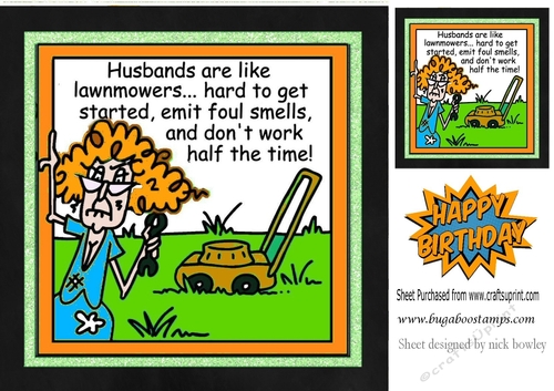 Cartoon lady stella with garden mower 8x8 (blue)