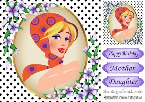trendy lady with black polkadot and purple flowers 8x8