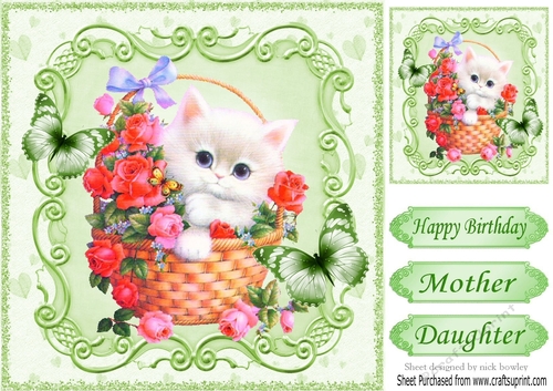 cute kitty in a basket of flowers with butterflies 8x8