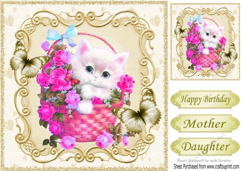 cute kitty in a basket of cerise flowers with butterflies 8x8