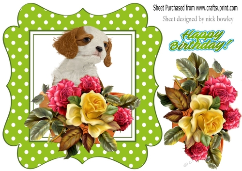 cute puppy with roses/flowers in green polkadot frame