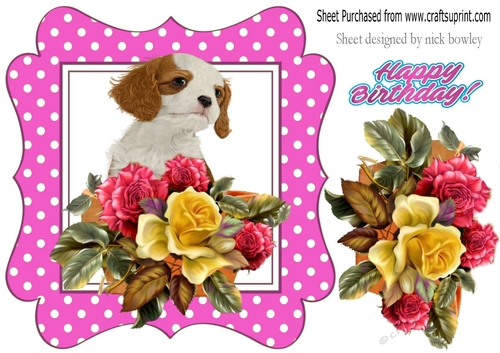 cute puppy with roses/flowers in cerise polkadot frame