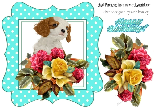 cute puppy with roses/flowers in turq polkadot frame