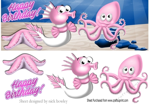 lovely pink sea octopus, star fish DL Card