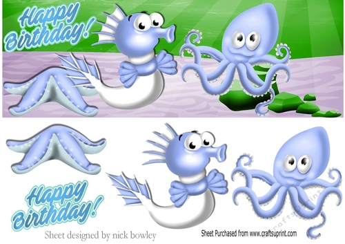 lovely blue sea octopus, star fish DL Card
