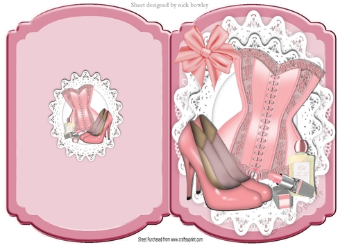 Ladies basque, shoes, makeup in pink polkadot bracket card