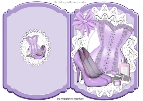 Ladies basque, shoes, makeup in purple polkadot bracket card