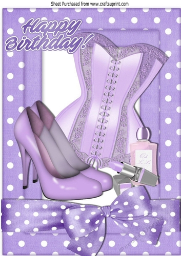 Ladies basque, shoes, makeup in purple polkadot A4 Frame