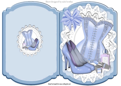 Ladies basque, shoes, makeup in blue polkadot bracket card