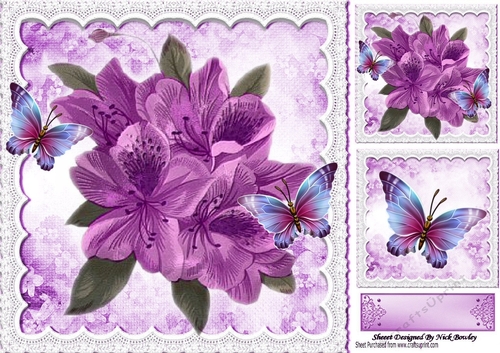 lilac painted flowers with butterflies with lace border 8x8