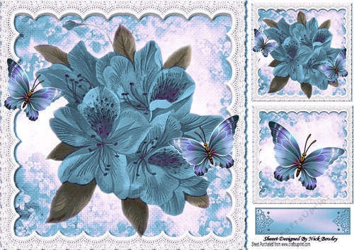 blue painted flowers with butterflies with lace border 8x8