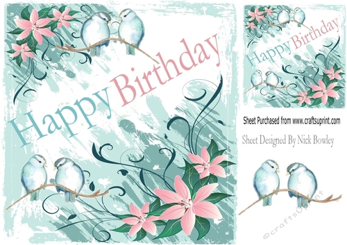 pretty painted flowers and blue birds  (BIRTHDAY) 8x8