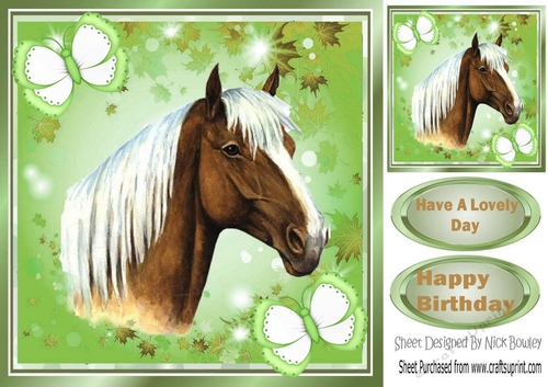 lovely palomino horse in green leaf with butterflies frame 8x8