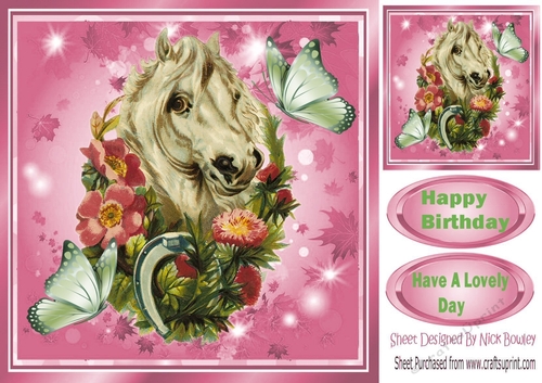 lovely horse in pink leaf frame with butterflies 8x8