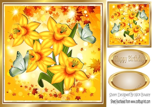 Golden daffodils with butterflies in leaf 8x8 frame
