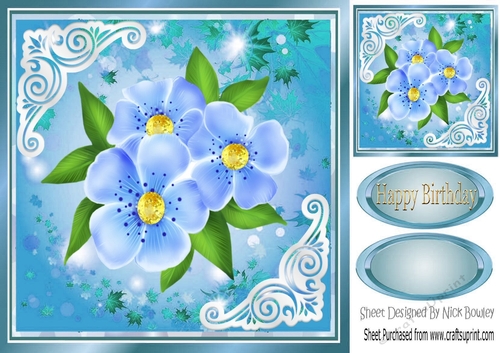 pretty blue flowers in ornate leaf frame 8x8