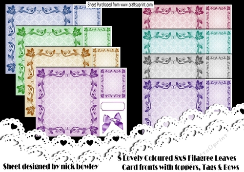 8 Lovely Coloured 8x8 Filagree leaf card fronts with toppers tags, & bows bumper set