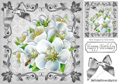 pretty white flowers in silver filagree leaf 8x8 frame