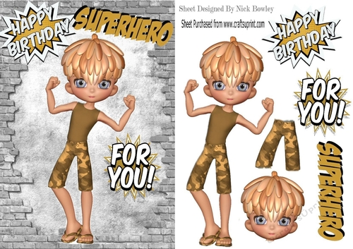 super hero birthday boy in gold, in brick A5 frame