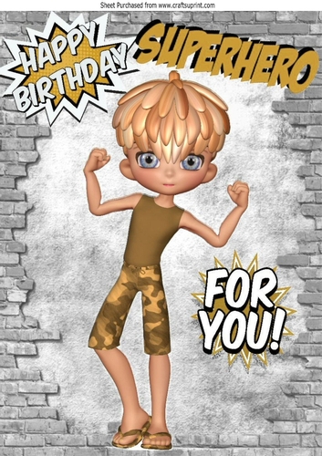 super hero birthday boy in gold in brick A4 frame