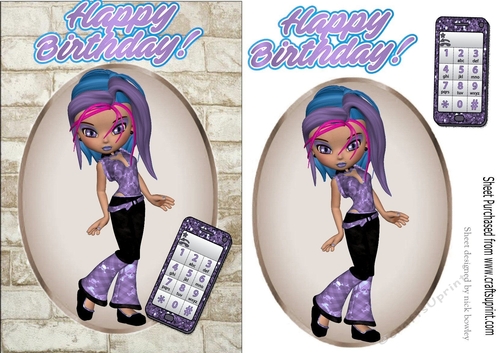trendy girl with funky purple hair colour & mobile A5