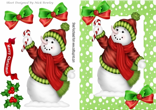snowman with holly and bows in green spot frame A5