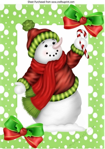 snowman with holly and bows in green spot frame A4