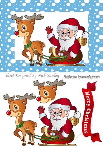 Santa with rudolph and his sleigh in blue snow frame