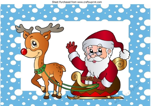 Santa with rudolph and his sleigh in blue snow frame A4