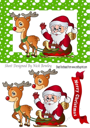 Santa with rudolph and his sleigh in green snow frame A5